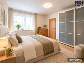 Skandinávská ložnice s dřevěnou komodou