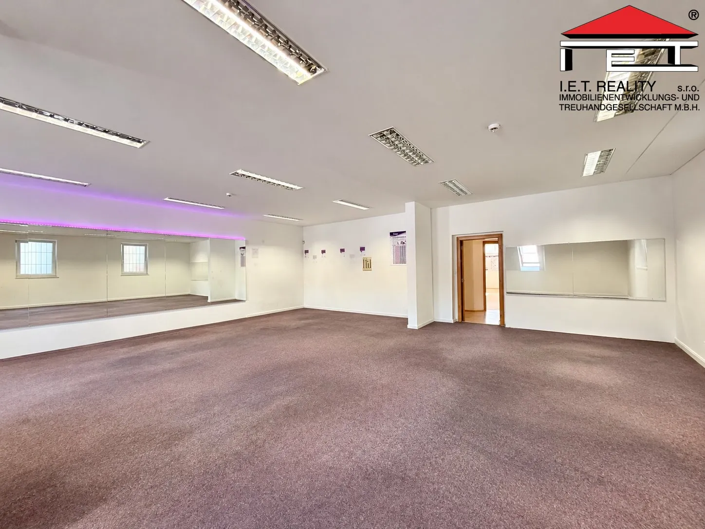 Prázdné fitness studio s fialovým osvětlením