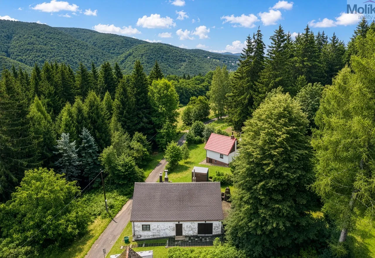 Pohled na chalupu a okolí